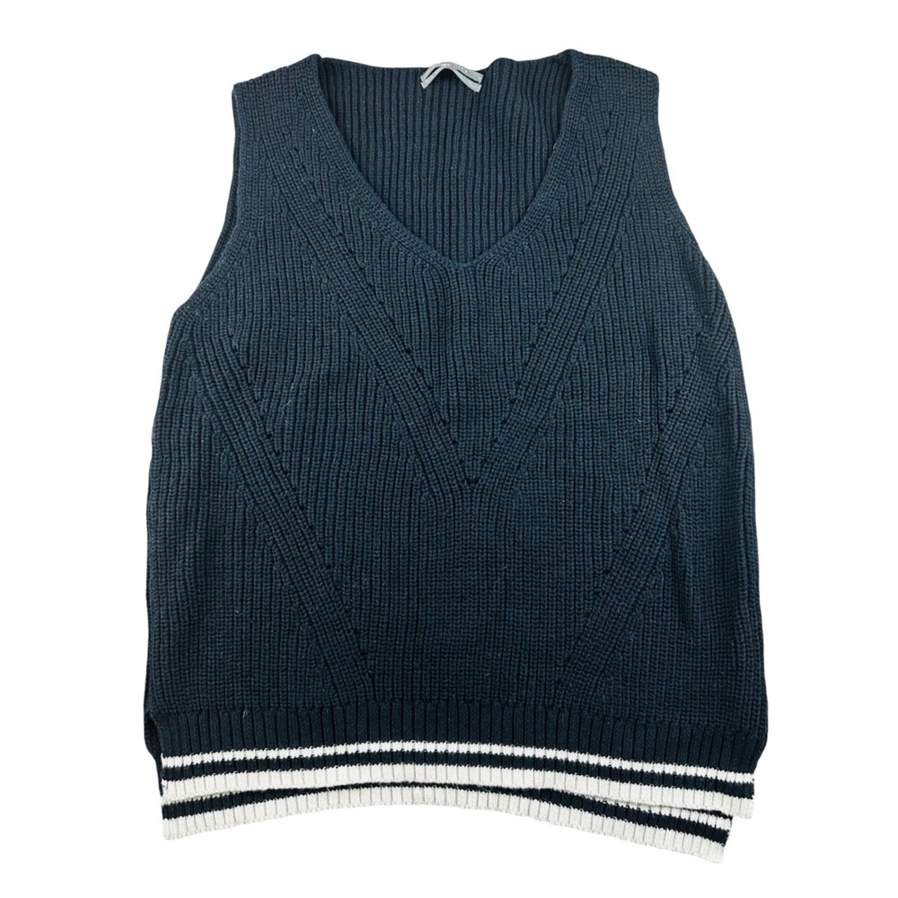 Anthropologie Nautical Sweater Vest Women L Black Cotton Textured V-Neck Preppy